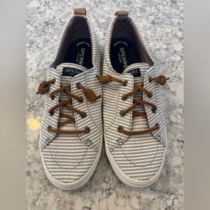 Sperry Light Gray & White Striped Canvas Boat Shoes with Tan Laces